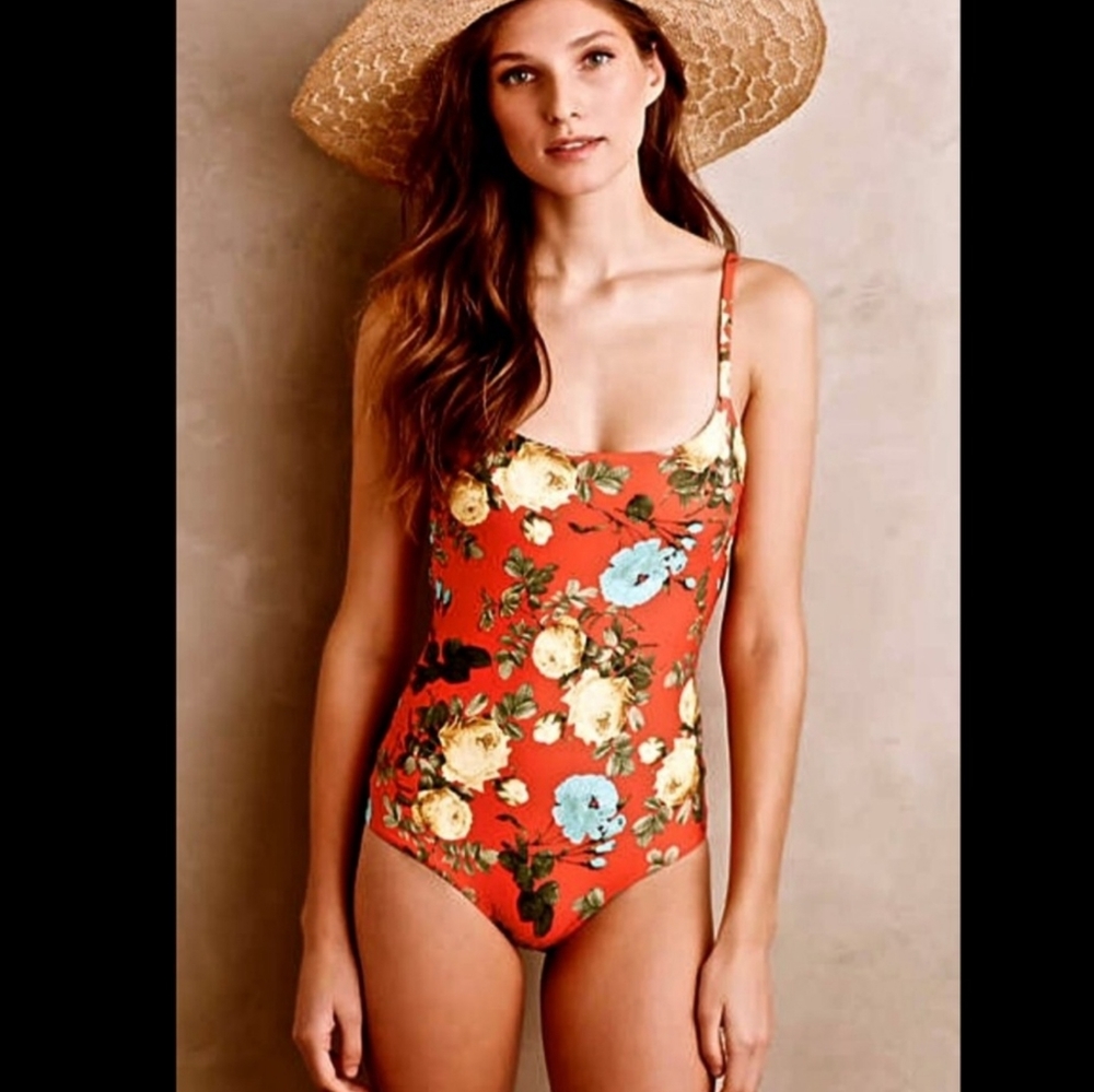 Anthropologie Touche S Onepiece Swimsuit Floral Red Orange